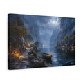 Side Mockup 4. Nature Moonlit Fjord Blue Moonlit Valley shown as stretched canvas wall art