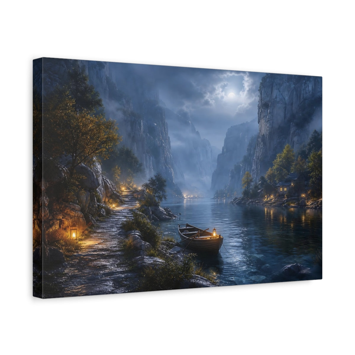 Side Mockup 4. Nature Moonlit Fjord Blue Moonlit Valley shown as stretched canvas wall art