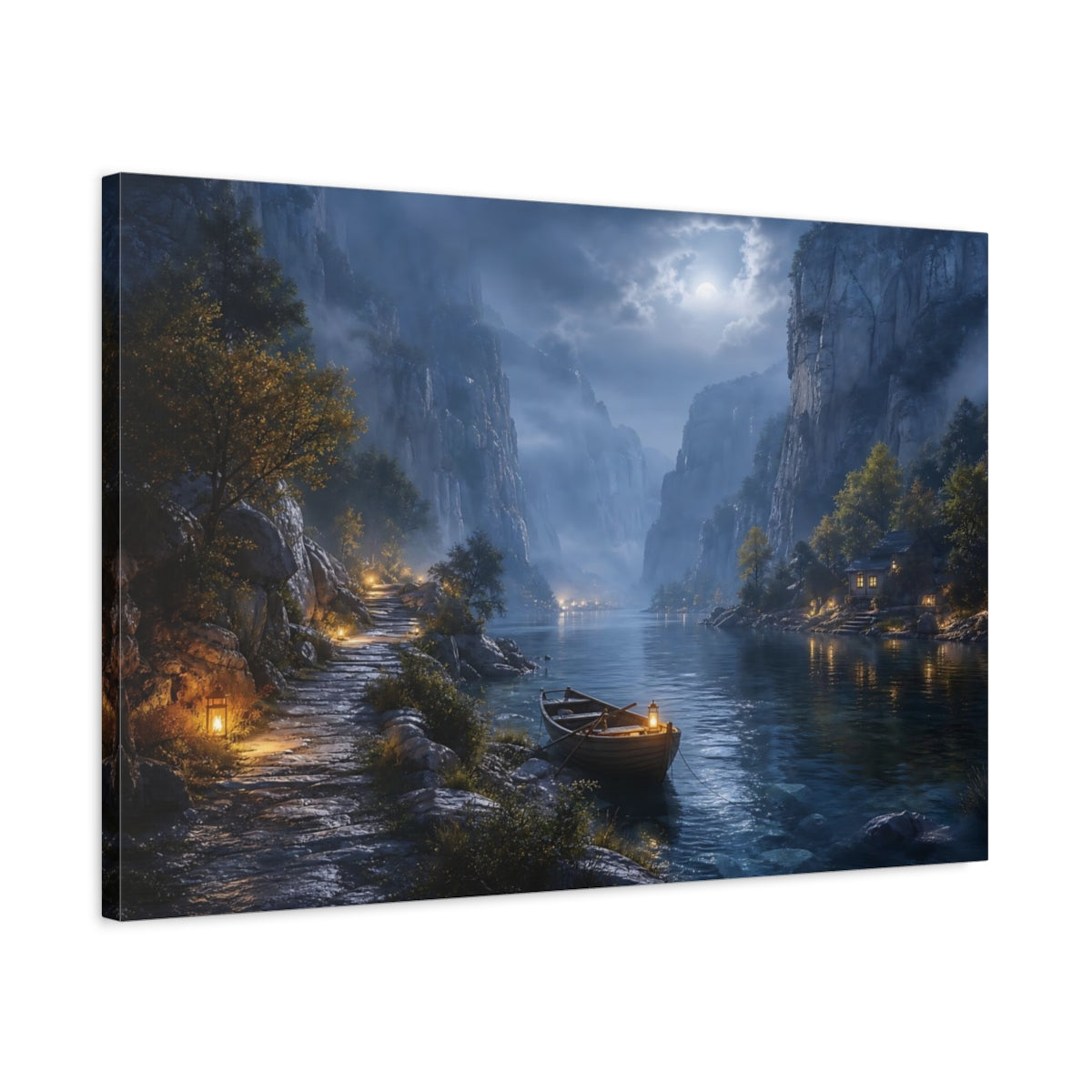 Side Mockup 2. Nature Moonlit Fjord Blue Moonlit Valley shown as stretched canvas wall art