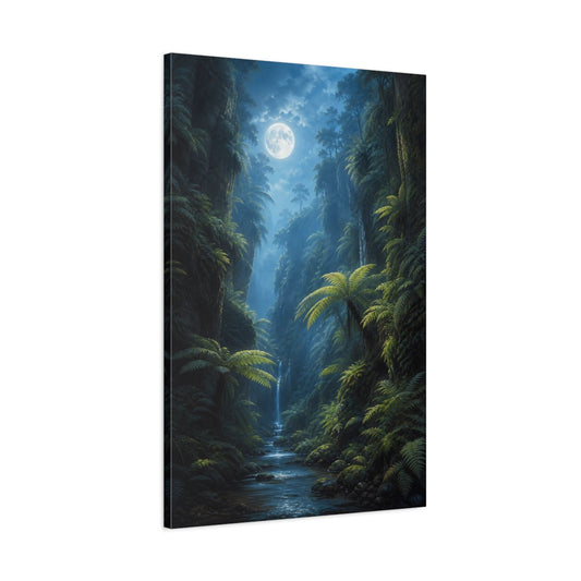 Main Mockup. Nature Moonlit Jungle Green And Blue shown as stretched canvas wall art