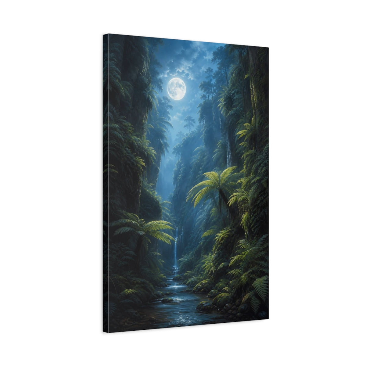 Side Mockup 2. Nature Moonlit Jungle Green And Blue shown as stretched canvas wall art