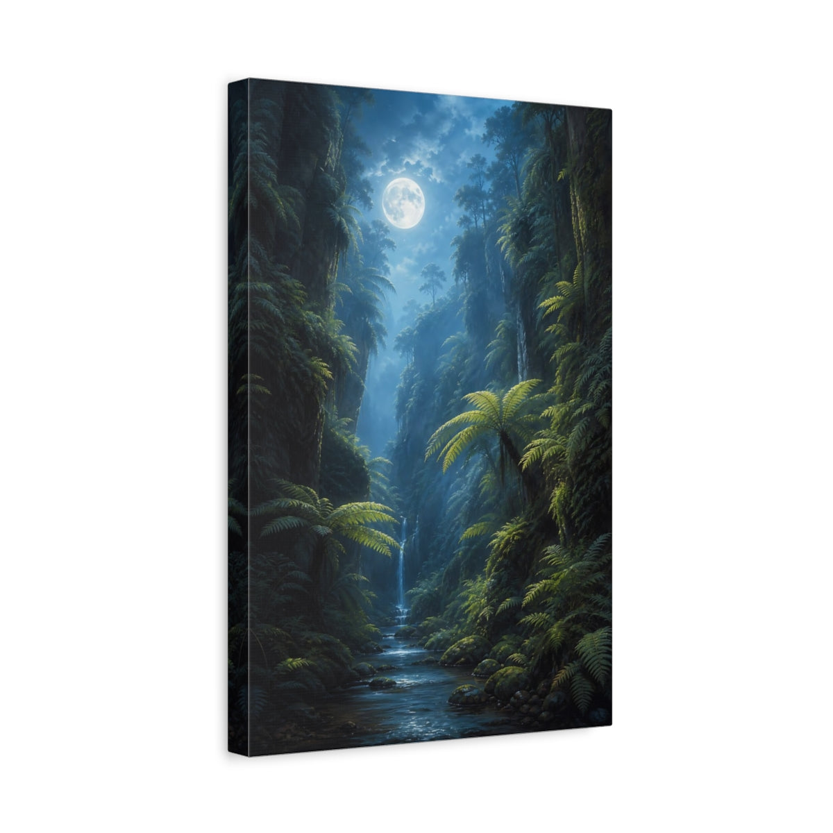 Side Mockup 4. Nature Moonlit Jungle Green And Blue shown as stretched canvas wall art