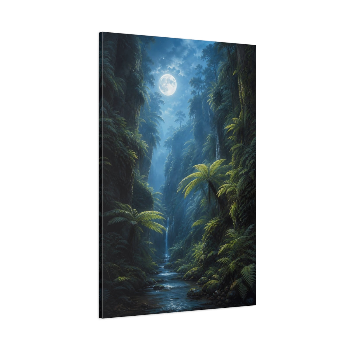Side Mockup 1. Nature Moonlit Jungle Green And Blue shown as stretched canvas wall art