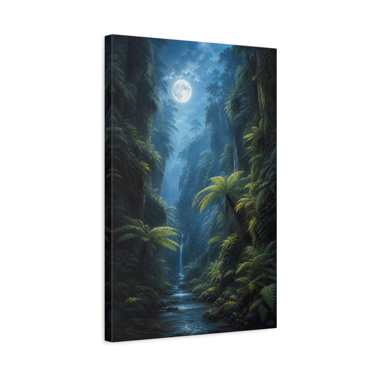 Side Mockup 3. Nature Moonlit Jungle Green And Blue shown as stretched canvas wall art