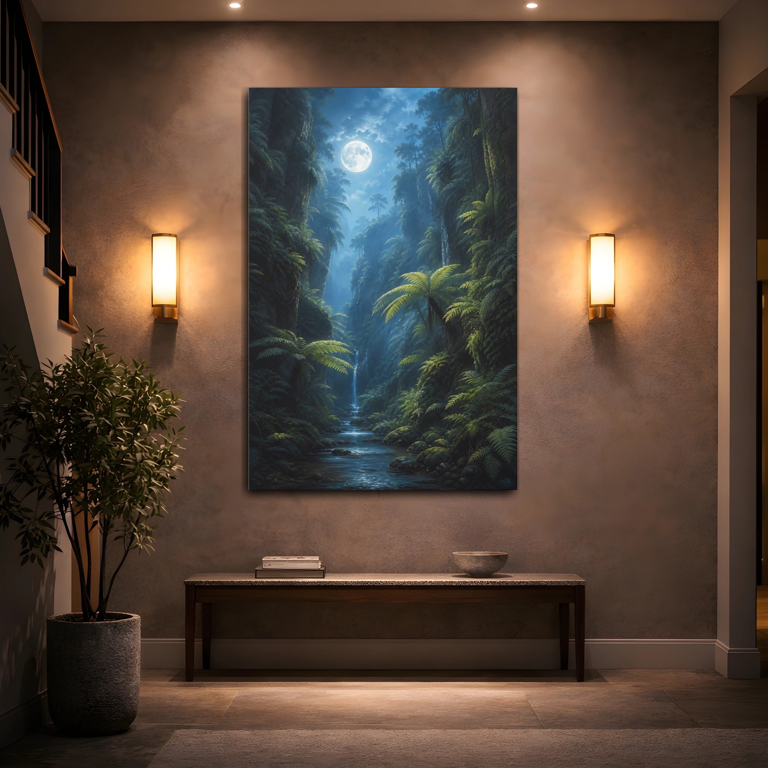 Mockup 2. Nature Moonlit Jungle Green And Blue shown as stretched canvas wall art