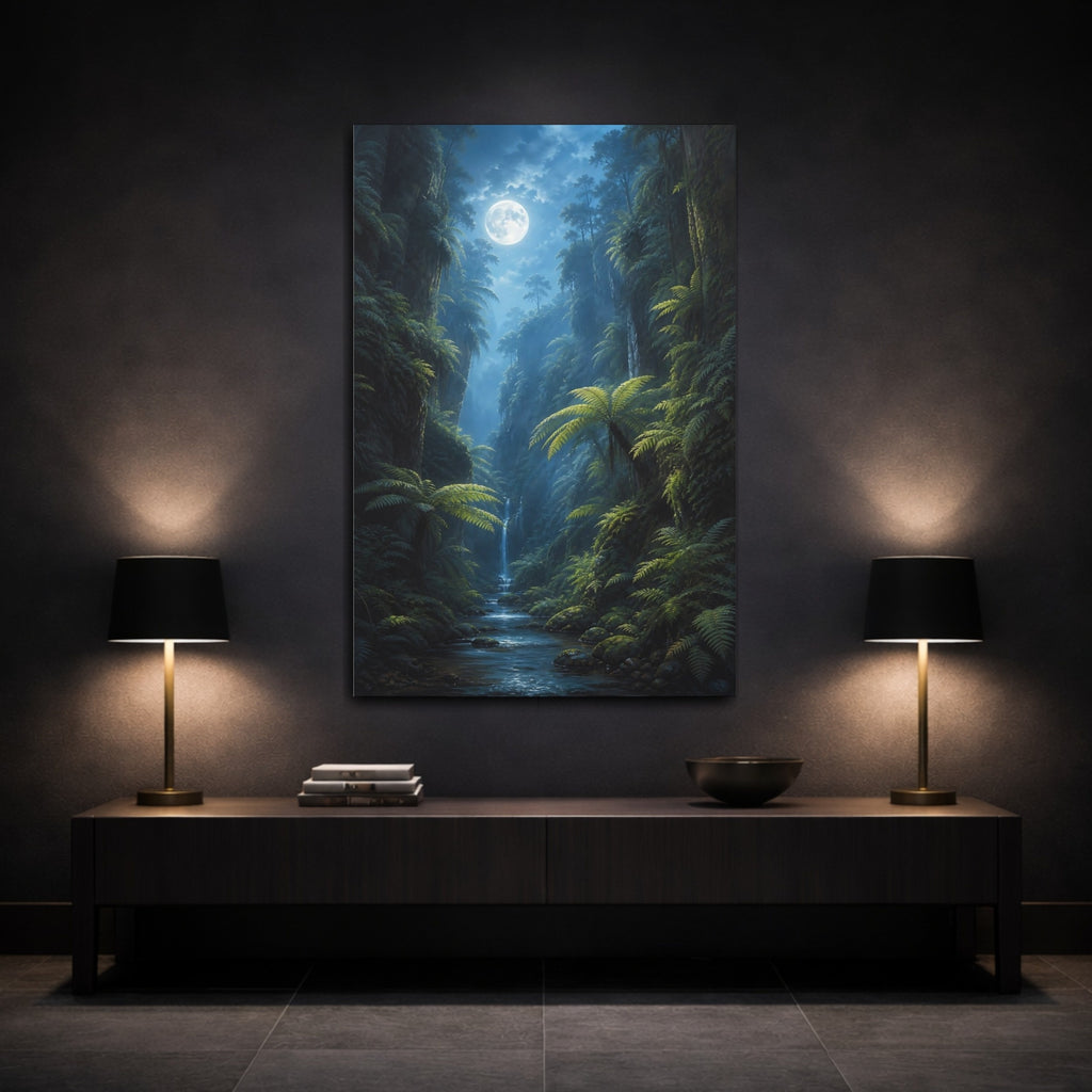 Mockup 3. Nature Moonlit Jungle Green And Blue shown as stretched canvas wall art