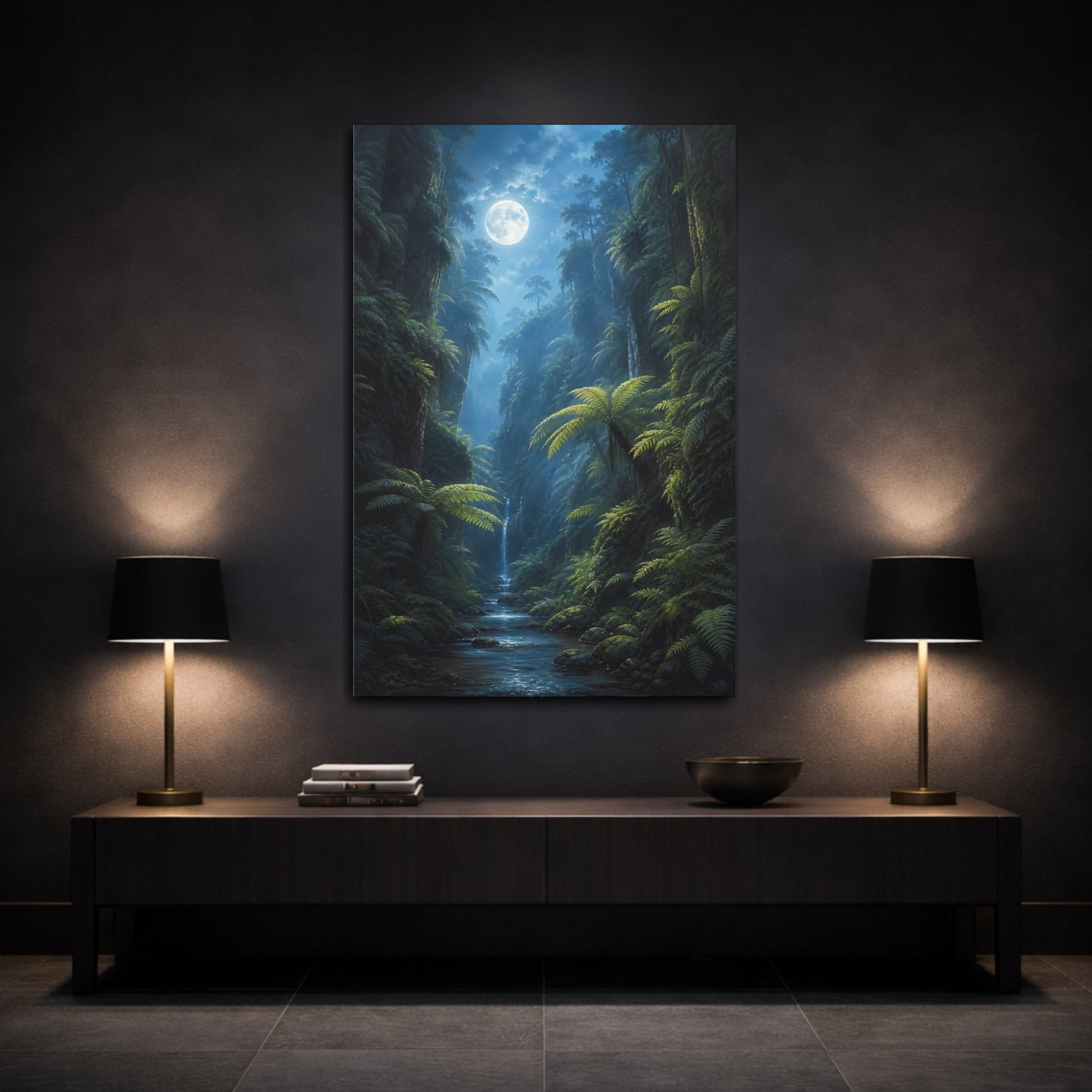 Mockup 3. Nature Moonlit Jungle Green And Blue shown as stretched canvas wall art
