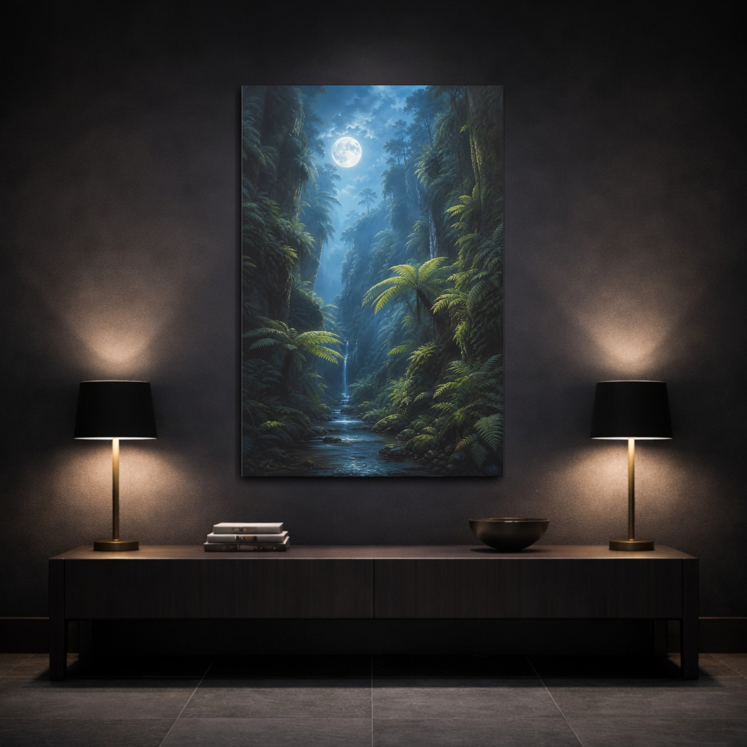 Mockup 3. Nature Moonlit Jungle Green And Blue shown as stretched canvas wall art