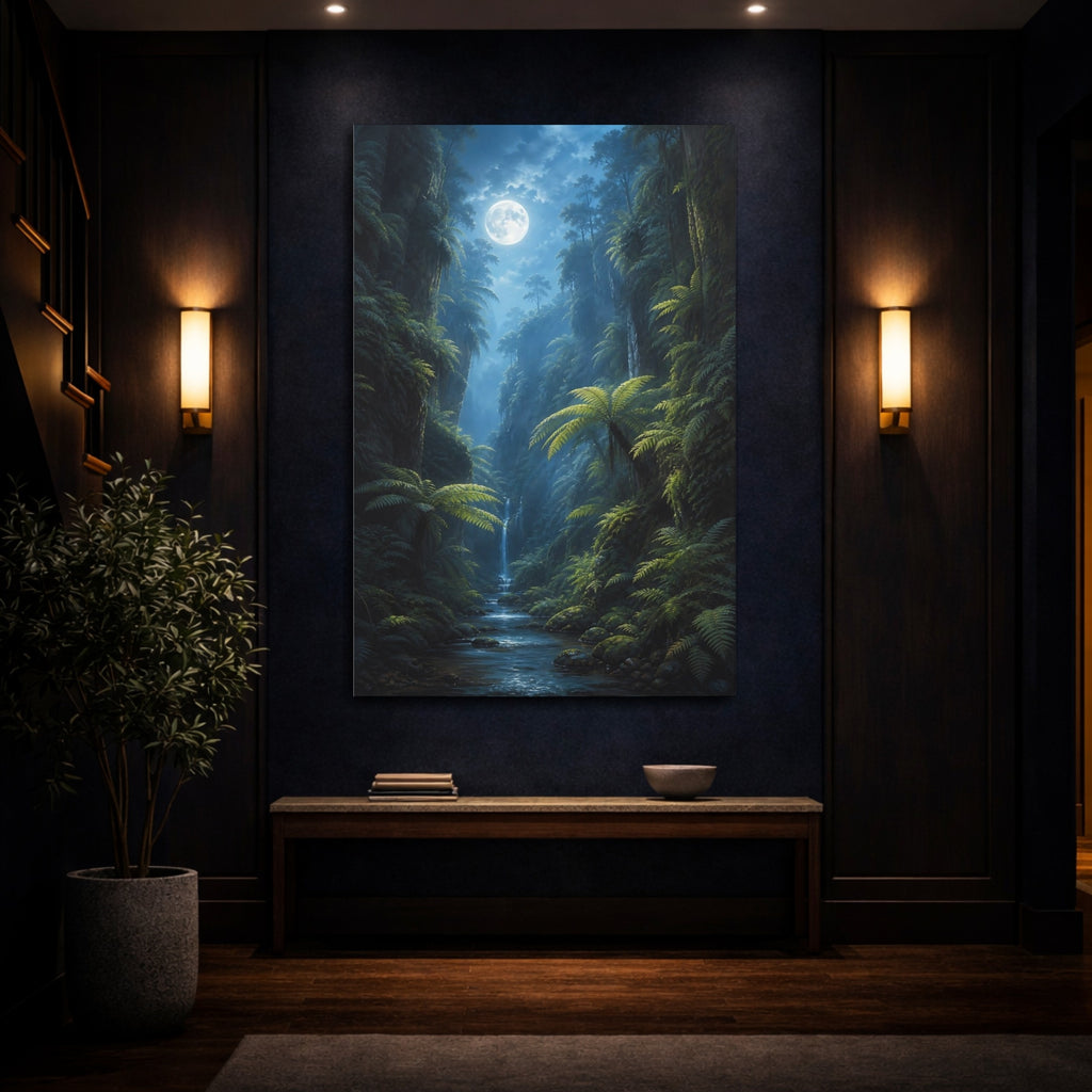 Mockup 4. Nature Moonlit Jungle Green And Blue shown as stretched canvas wall art