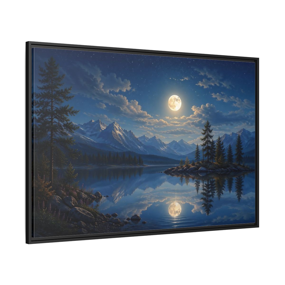Side Mockup 12. Nature Moonlit Lake Blue Moonlit Lake shown as stretched canvas wall art