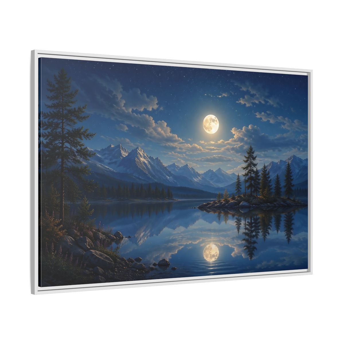 Side Mockup 7. Nature Moonlit Lake Blue Moonlit Lake shown as stretched canvas wall art