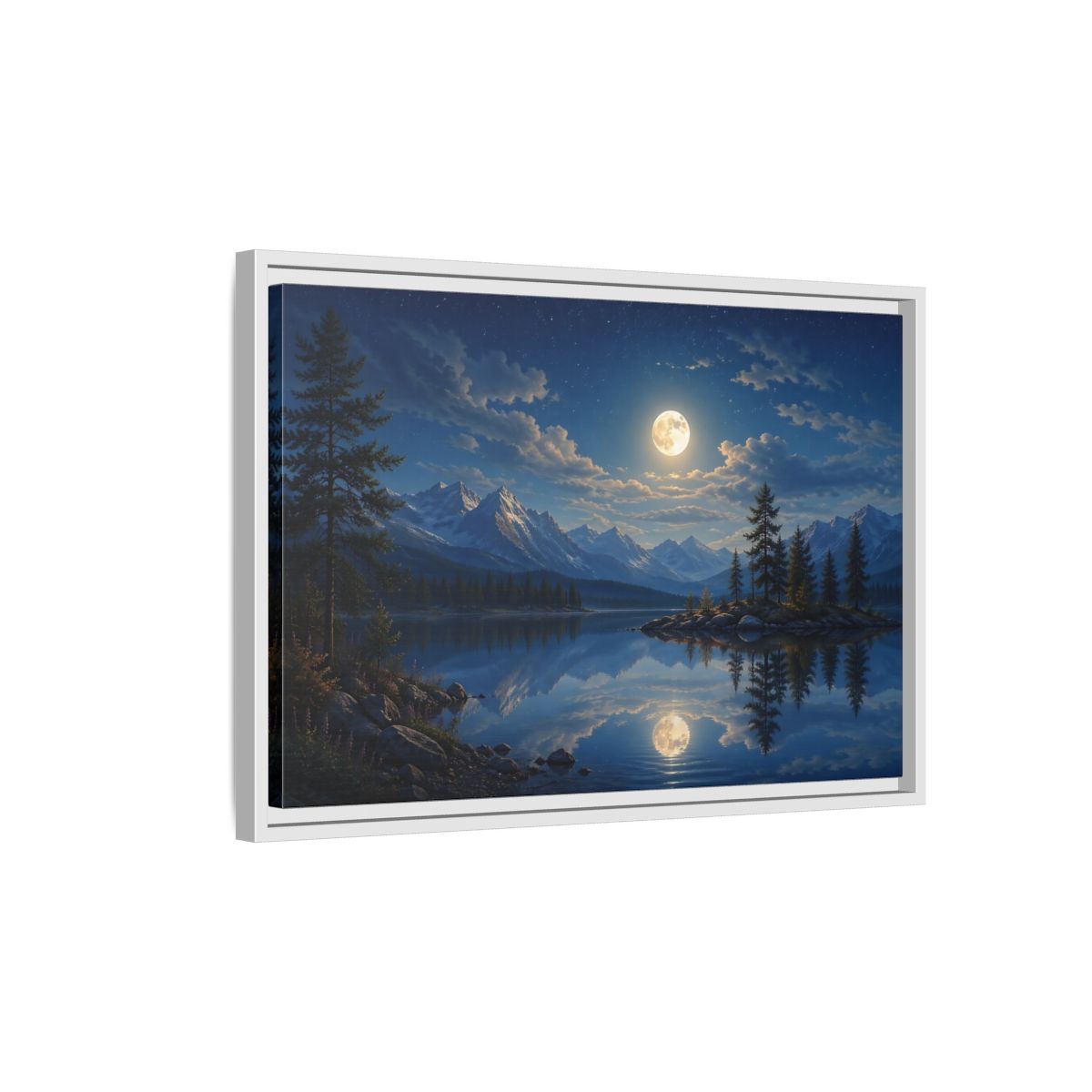 Side Mockup 1. Nature Moonlit Lake Blue Moonlit Lake shown as stretched canvas wall art