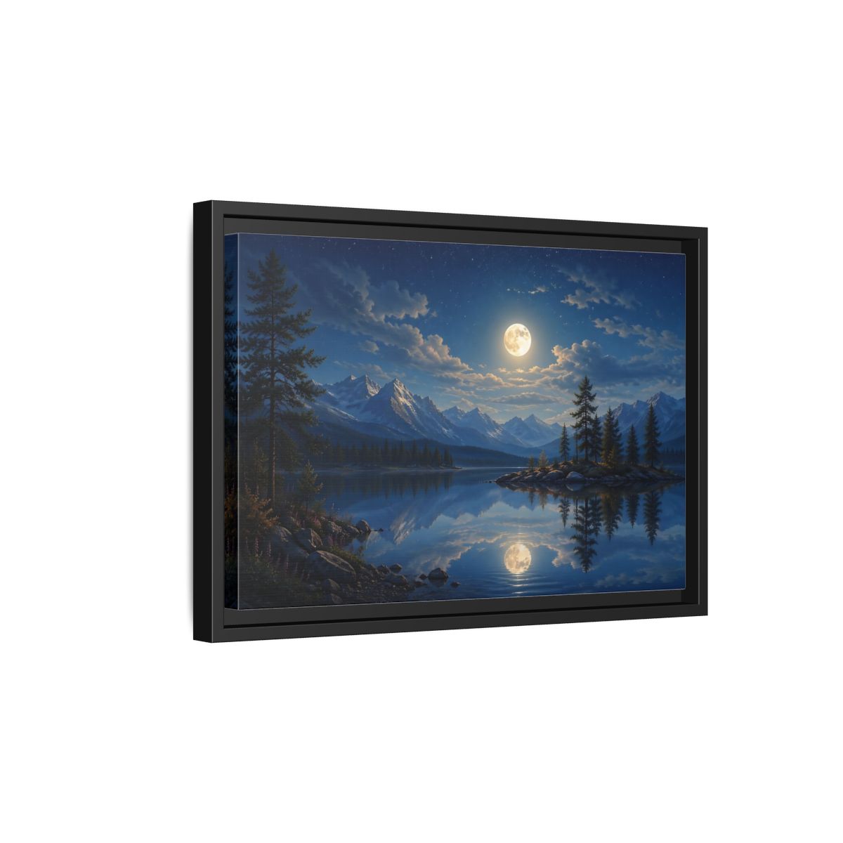 Side Mockup 6. Nature Moonlit Lake Blue Moonlit Lake shown as stretched canvas wall art