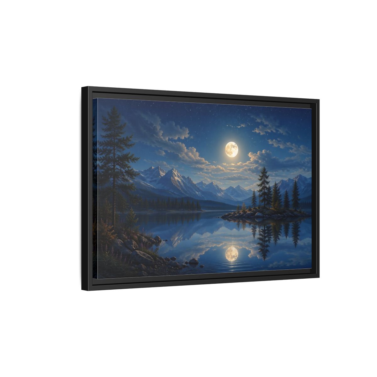 Side Mockup 3. Nature Moonlit Lake Blue Moonlit Lake shown as stretched canvas wall art