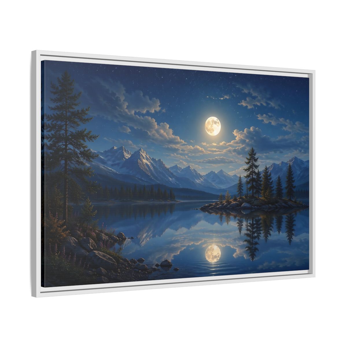Side Mockup 9. Nature Moonlit Lake Blue Moonlit Lake shown as stretched canvas wall art