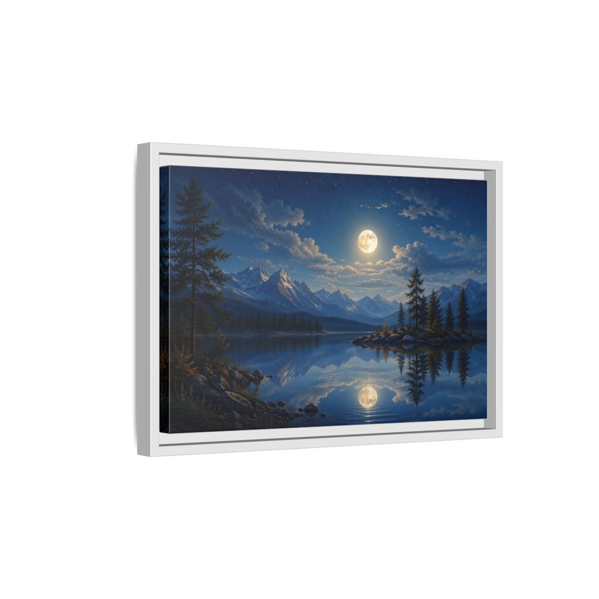 Side Mockup 4. Nature Moonlit Lake Blue Moonlit Lake shown as stretched canvas wall art