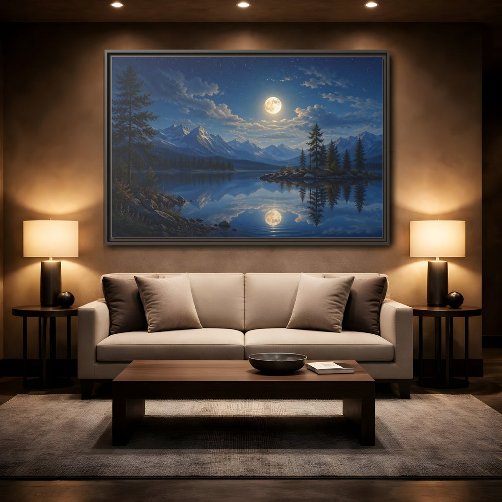 Mockup 2. Nature Moonlit Lake Blue Moonlit Lake shown as stretched canvas wall art