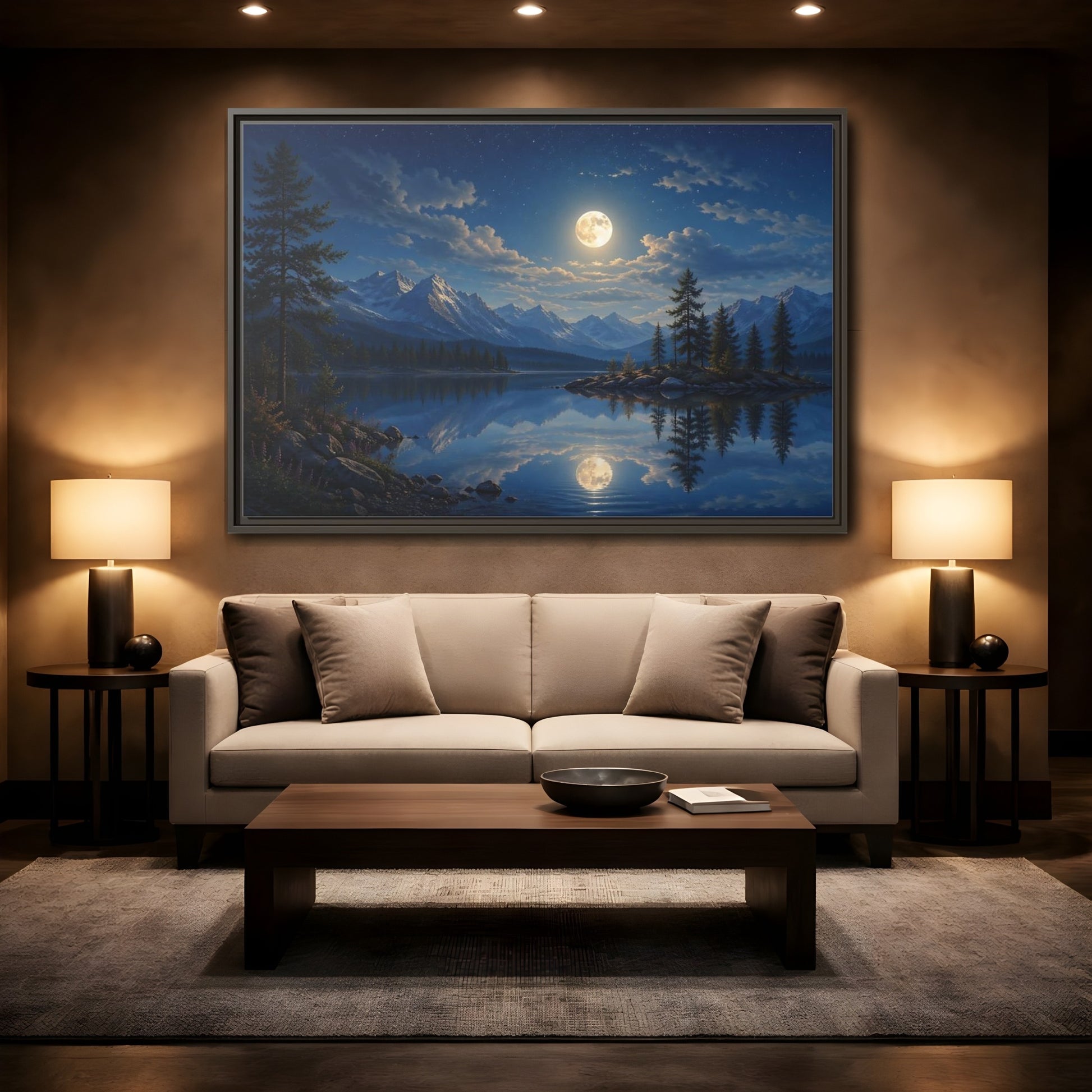 Mockup 2. Nature Moonlit Lake Blue Moonlit Lake shown as stretched canvas wall art
