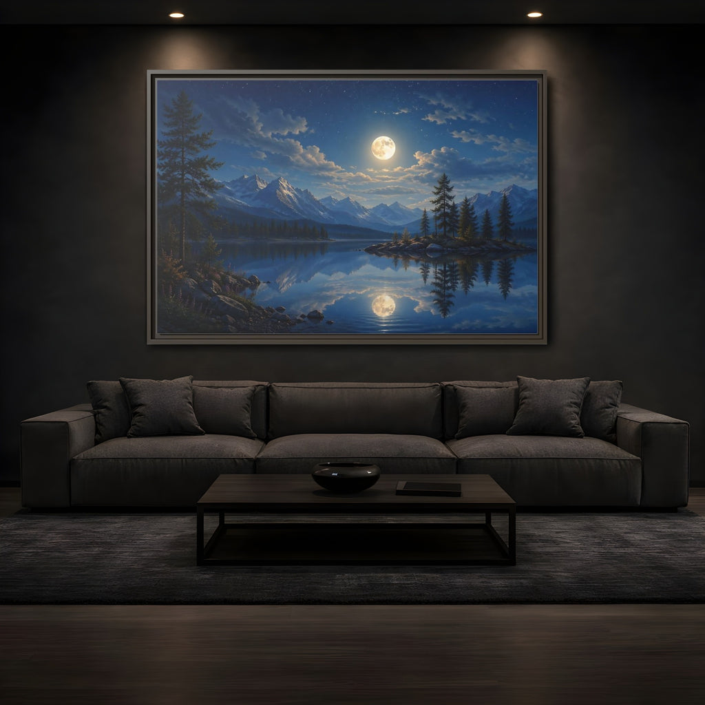 Mockup 3. Nature Moonlit Lake Blue Moonlit Lake shown as stretched canvas wall art
