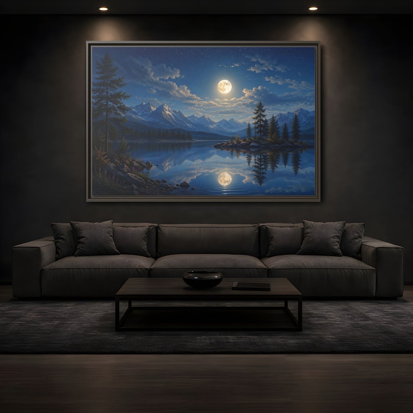 Mockup 3. Nature Moonlit Lake Blue Moonlit Lake shown as stretched canvas wall art