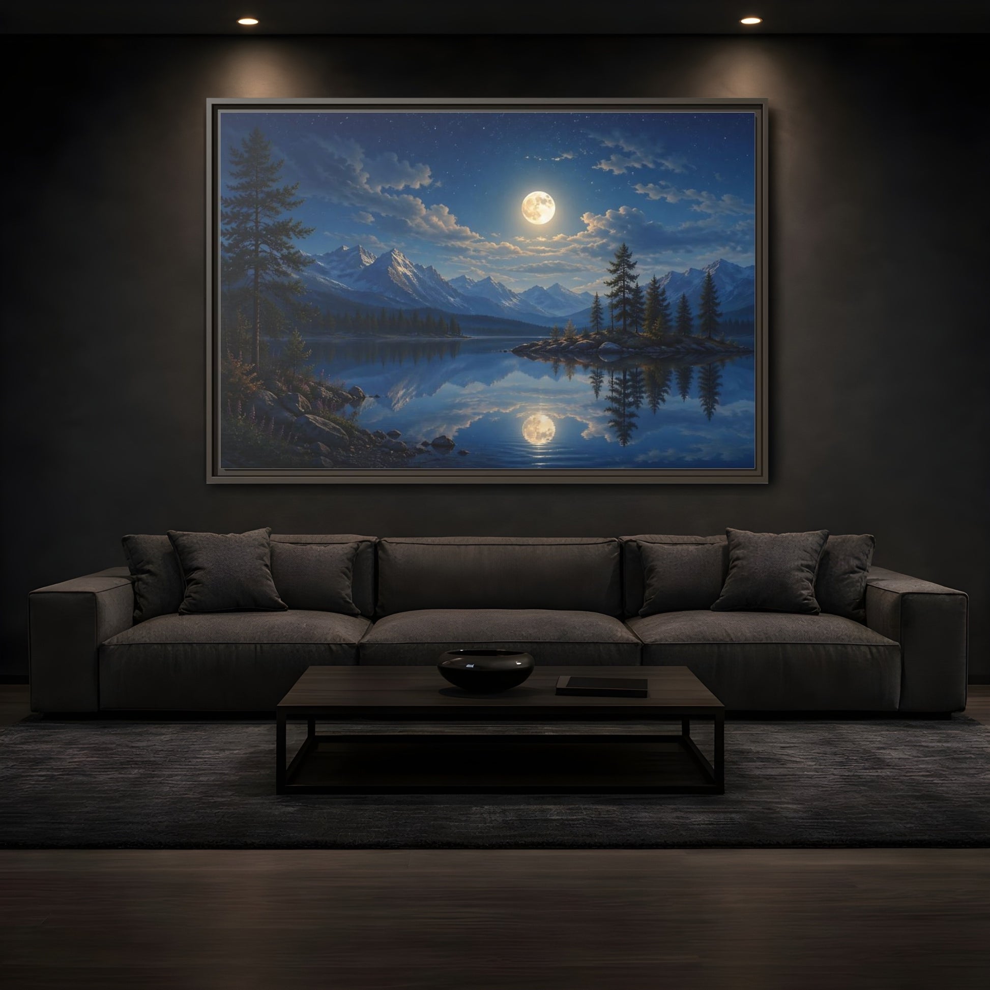 Mockup 3. Nature Moonlit Lake Blue Moonlit Lake shown as stretched canvas wall art