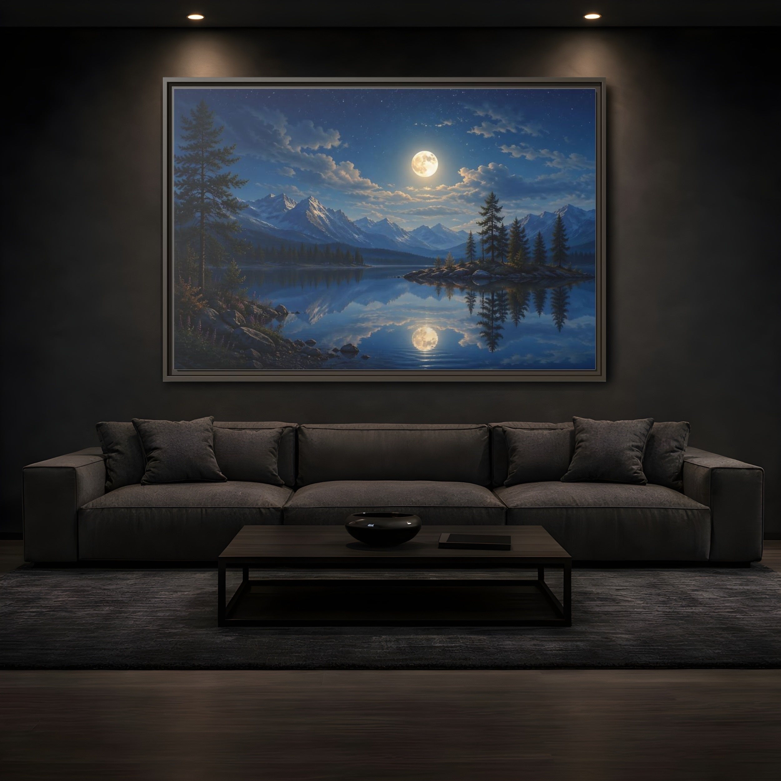 Mockup 3. Nature Moonlit Lake Blue Moonlit Lake shown as stretched canvas wall art