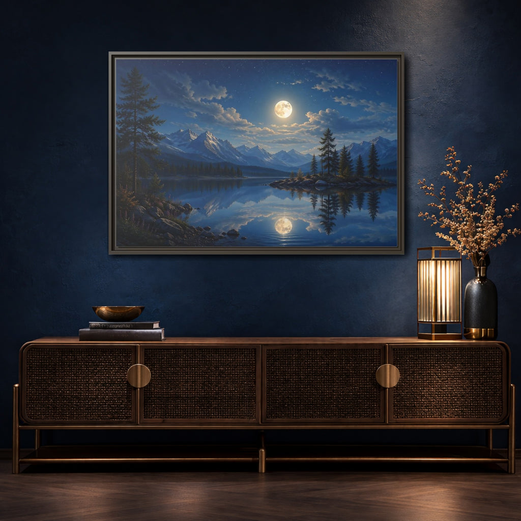 Mockup 4. Nature Moonlit Lake Blue Moonlit Lake shown as stretched canvas wall art