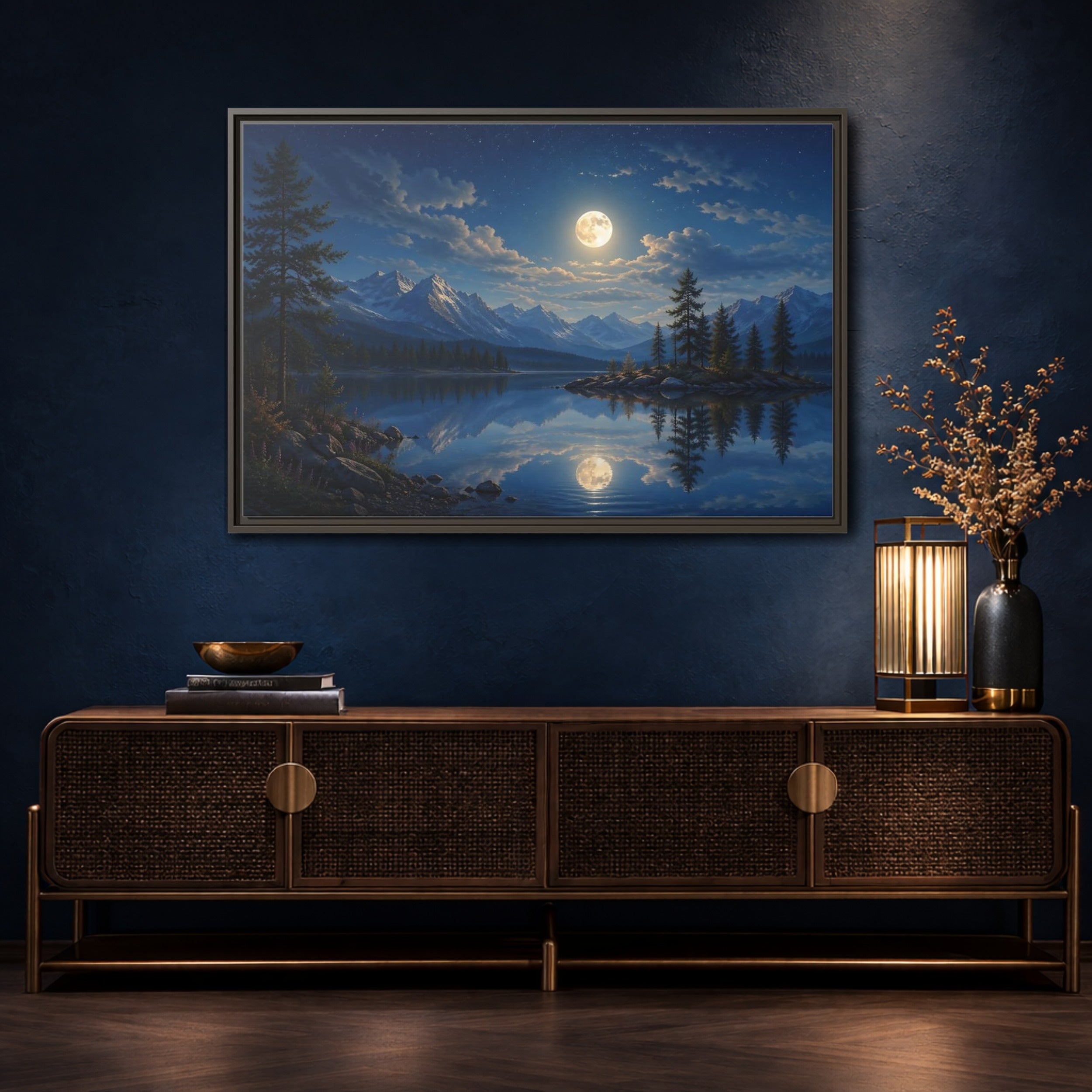 Mockup 4. Nature Moonlit Lake Blue Moonlit Lake shown as stretched canvas wall art