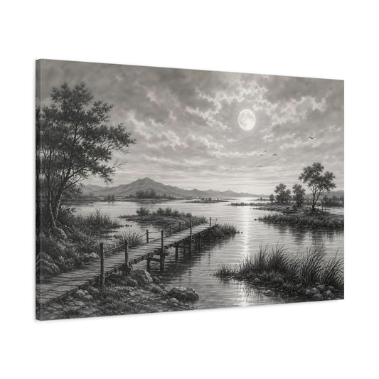 Main Mockup. Nature Moonlit Lake Monochrome Landscape shown as stretched canvas wall art