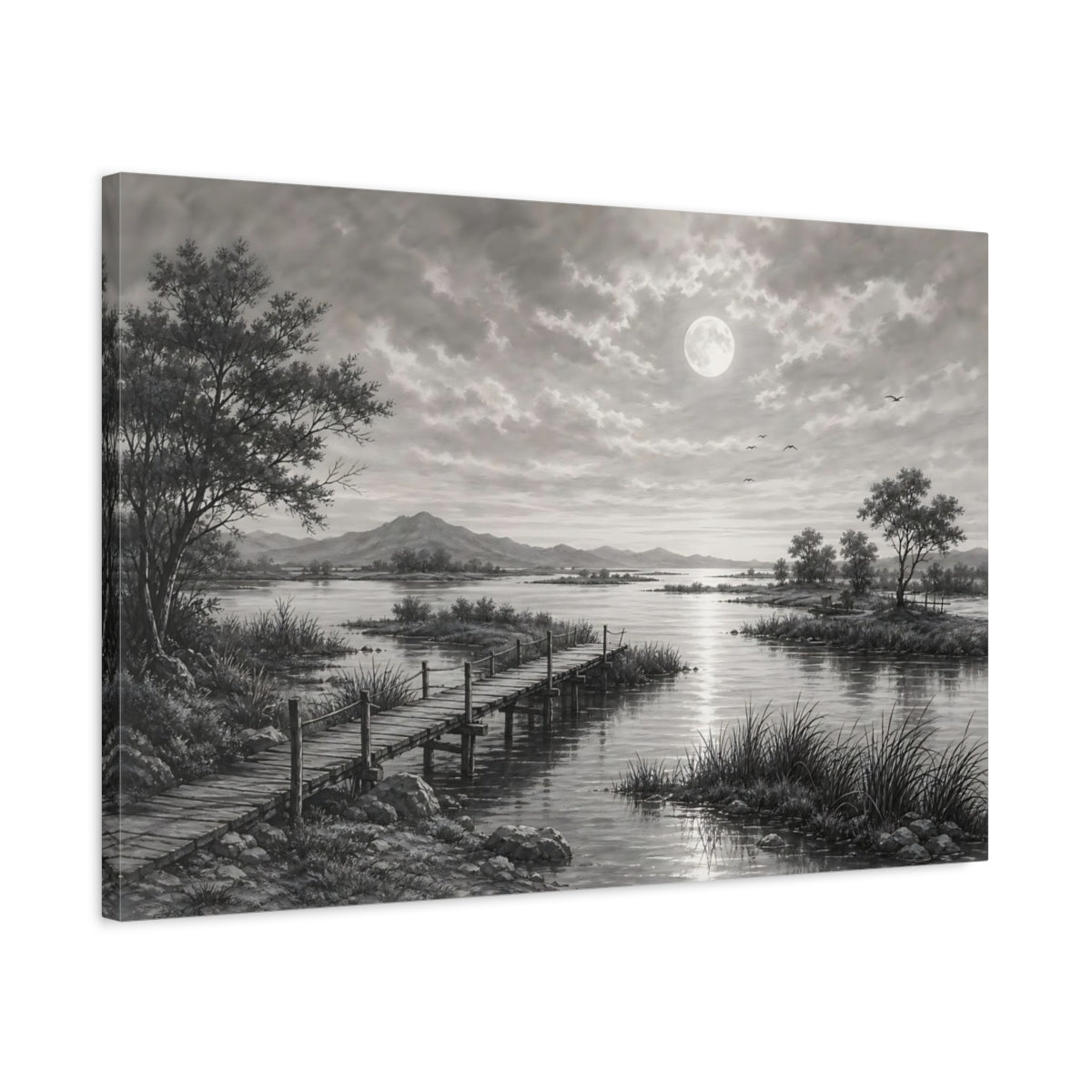 Side Mockup 2. Nature Moonlit Lake Monochrome Landscape shown as stretched canvas wall art