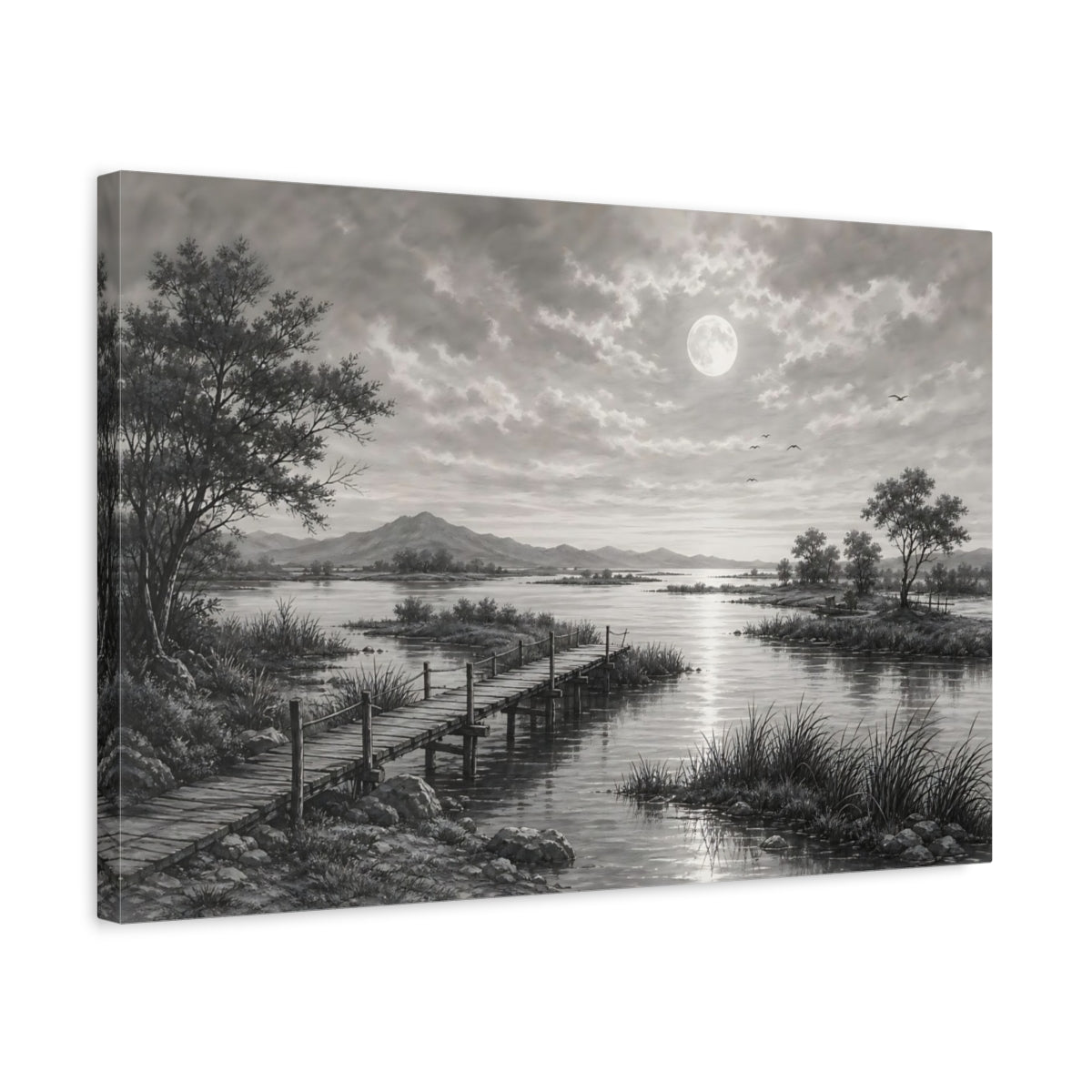Side Mockup 3. Nature Moonlit Lake Monochrome Landscape shown as stretched canvas wall art