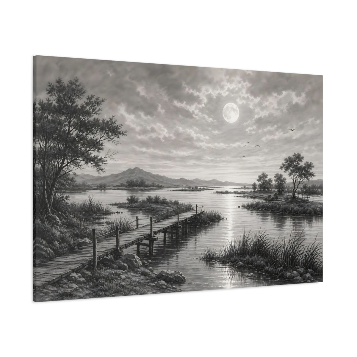 Side Mockup 1. Nature Moonlit Lake Monochrome Landscape shown as stretched canvas wall art