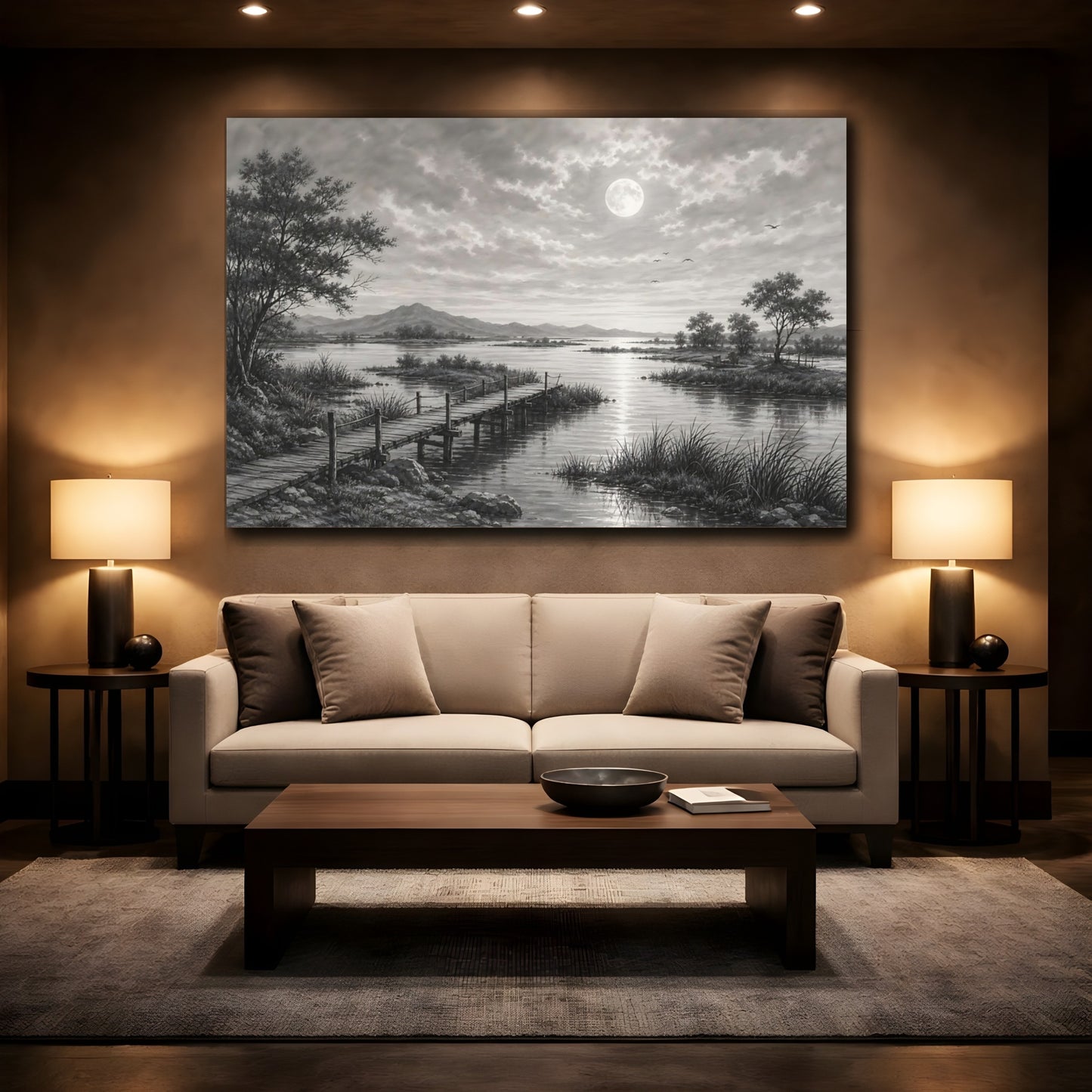 Mockup 2. Nature Moonlit Lake Monochrome Landscape shown as stretched canvas wall art