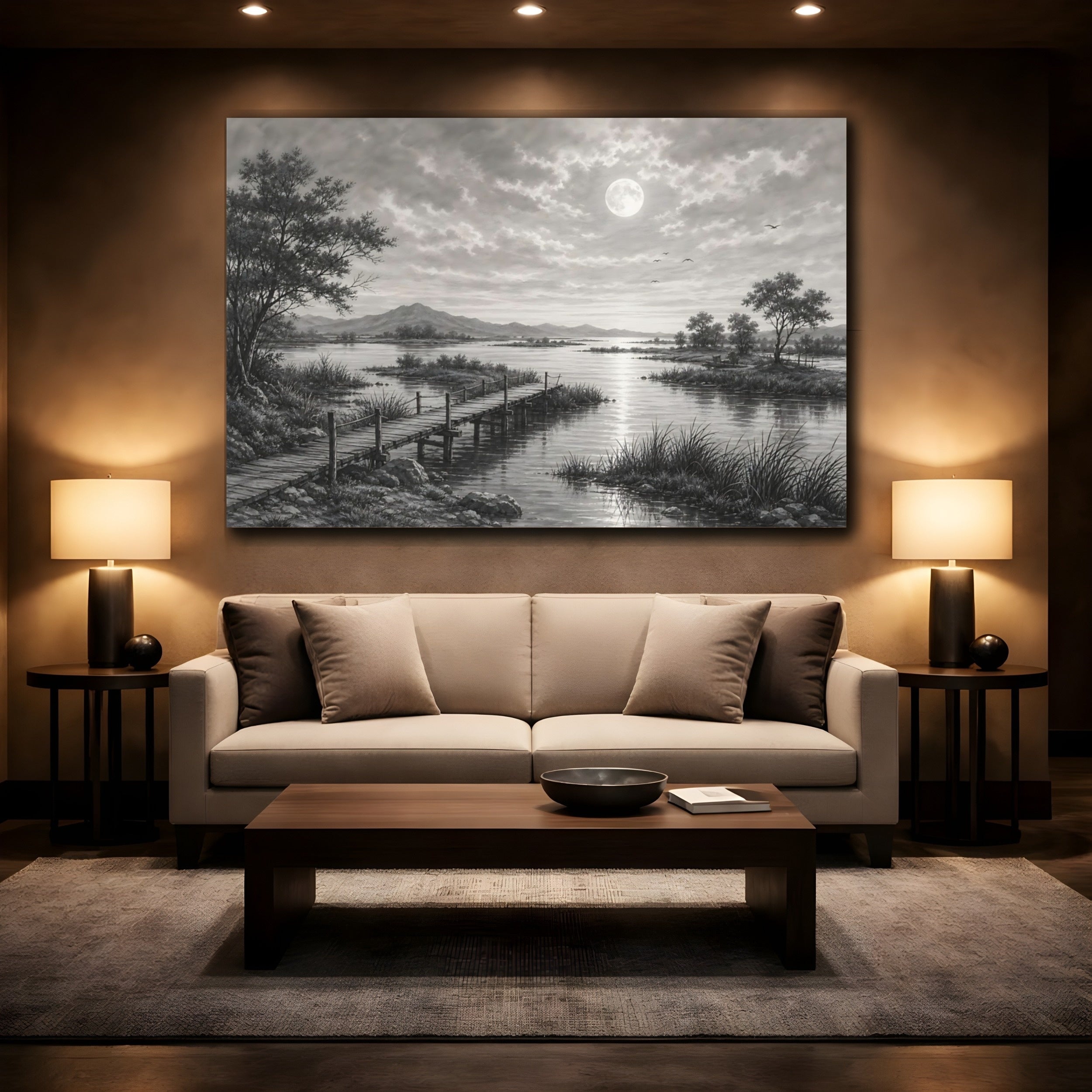 Mockup 2. Nature Moonlit Lake Monochrome Landscape shown as stretched canvas wall art