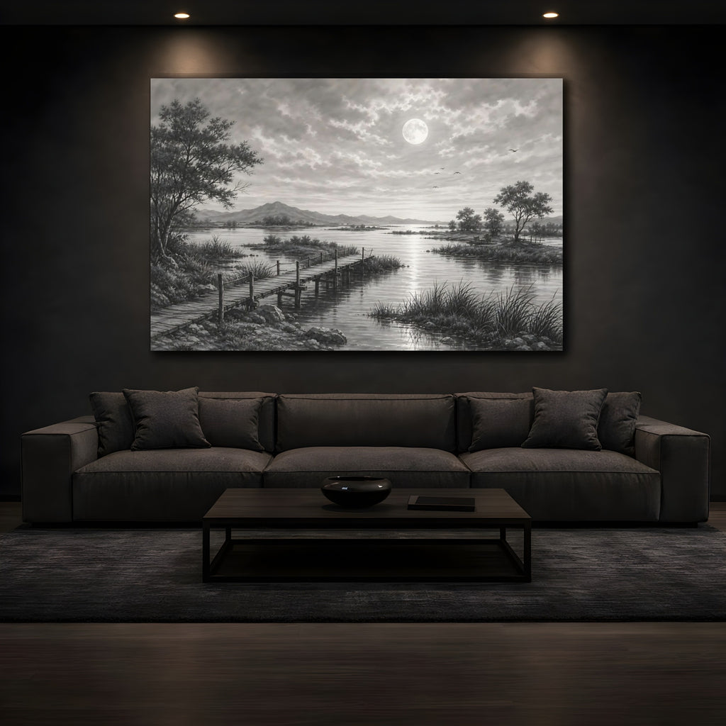 Mockup 3. Nature Moonlit Lake Monochrome Landscape shown as stretched canvas wall art
