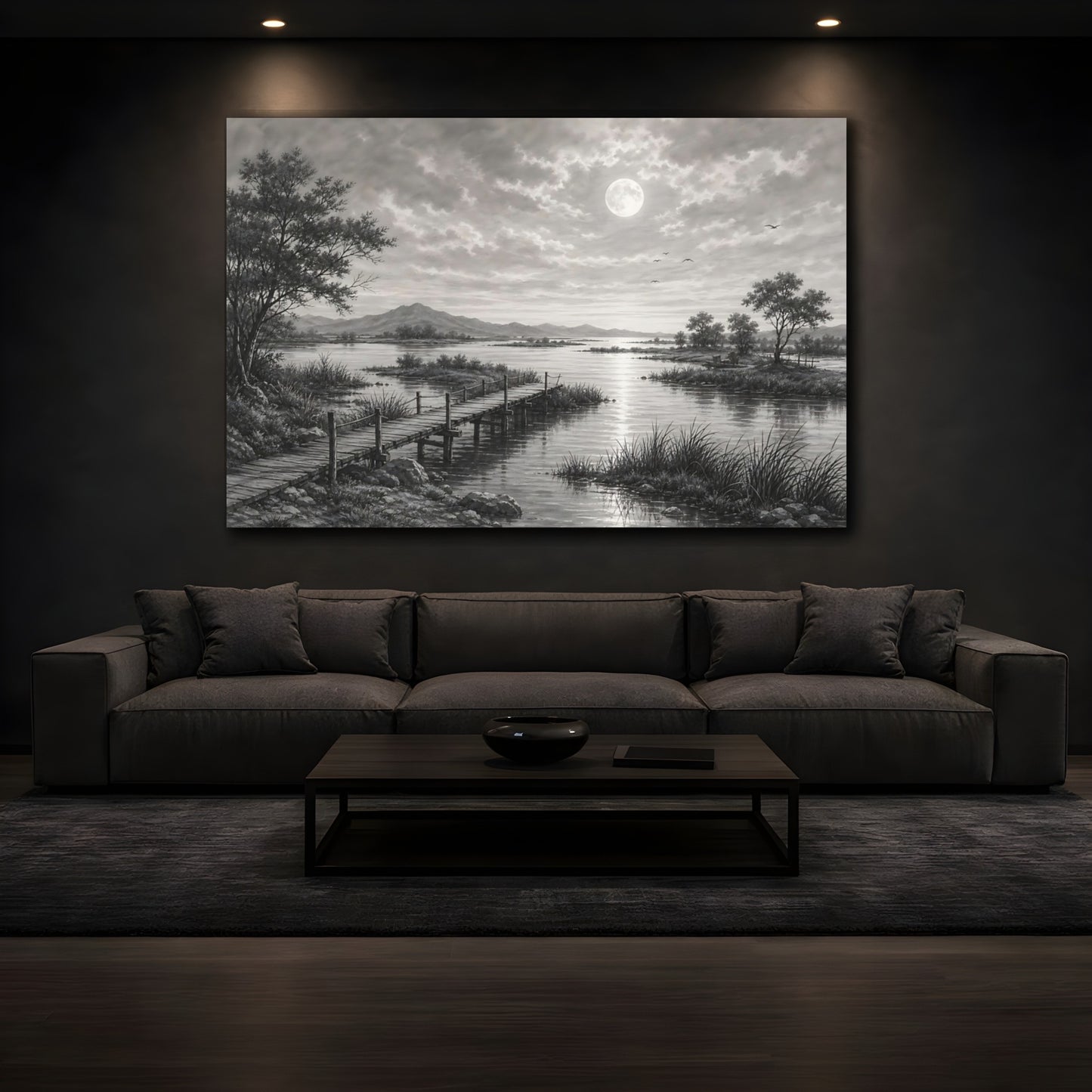 Mockup 3. Nature Moonlit Lake Monochrome Landscape shown as stretched canvas wall art