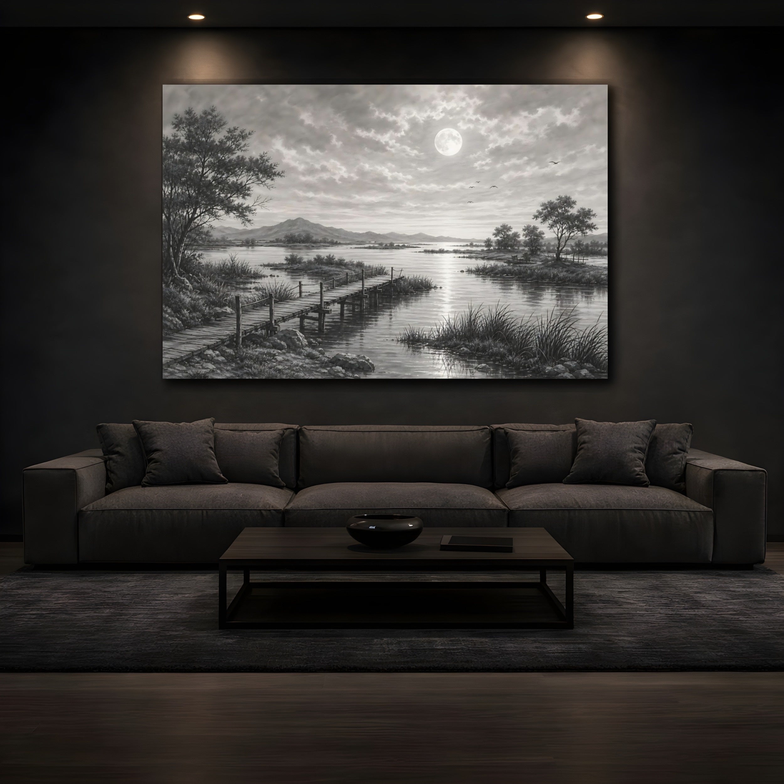 Mockup 3. Nature Moonlit Lake Monochrome Landscape shown as stretched canvas wall art