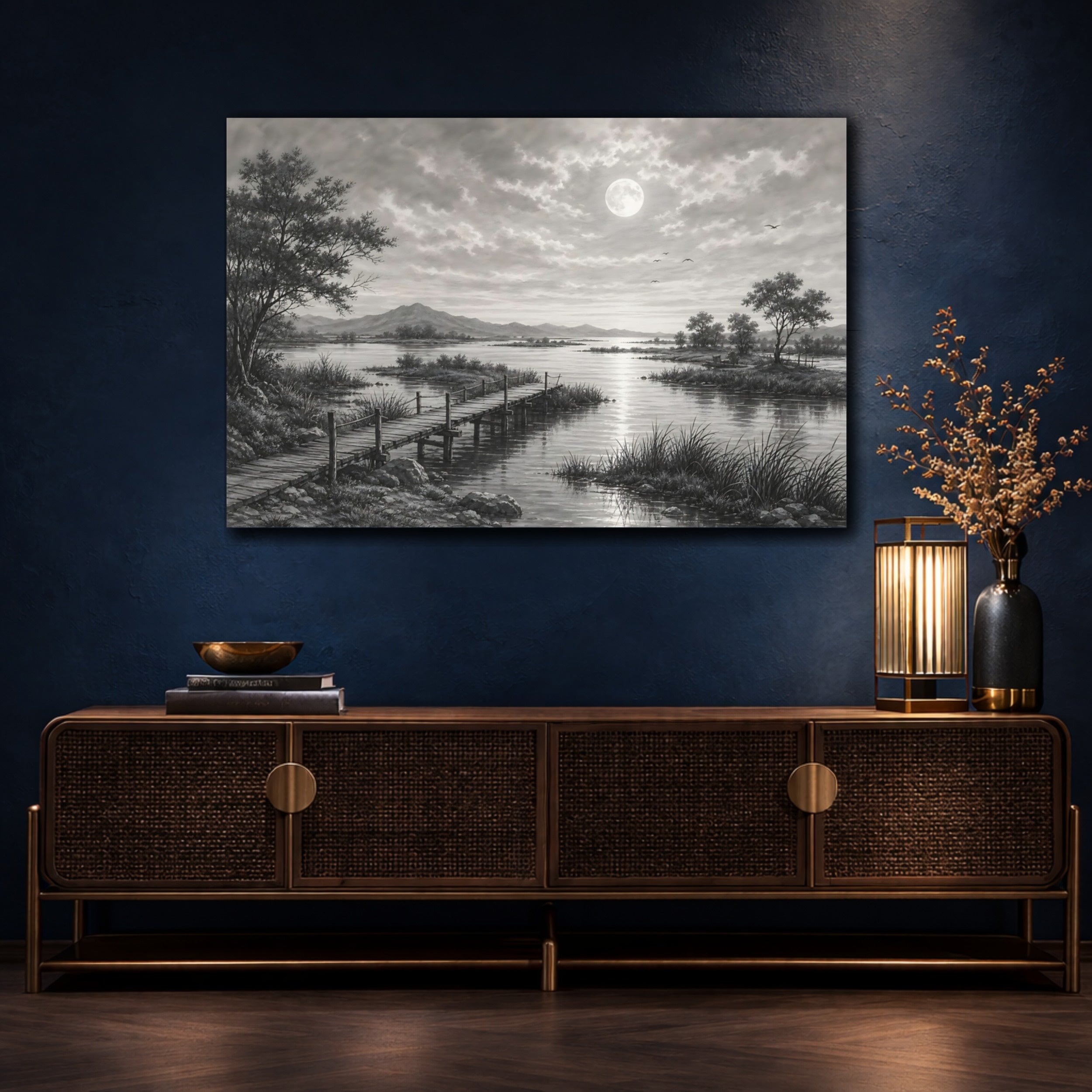 Mockup 4. Nature Moonlit Lake Monochrome Landscape shown as stretched canvas wall art
