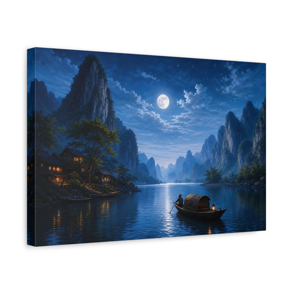 Side Mockup 4. Nature Moonlit Landscape Blue Night Landscape shown as stretched canvas wall art
