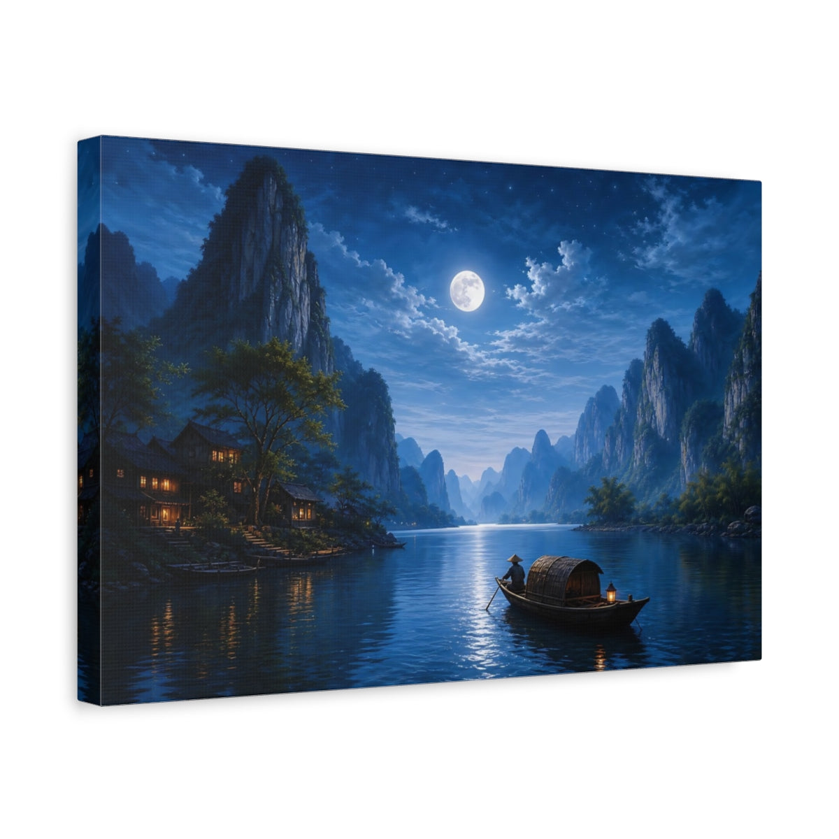Side Mockup 4. Nature Moonlit Landscape Blue Night Landscape shown as stretched canvas wall art