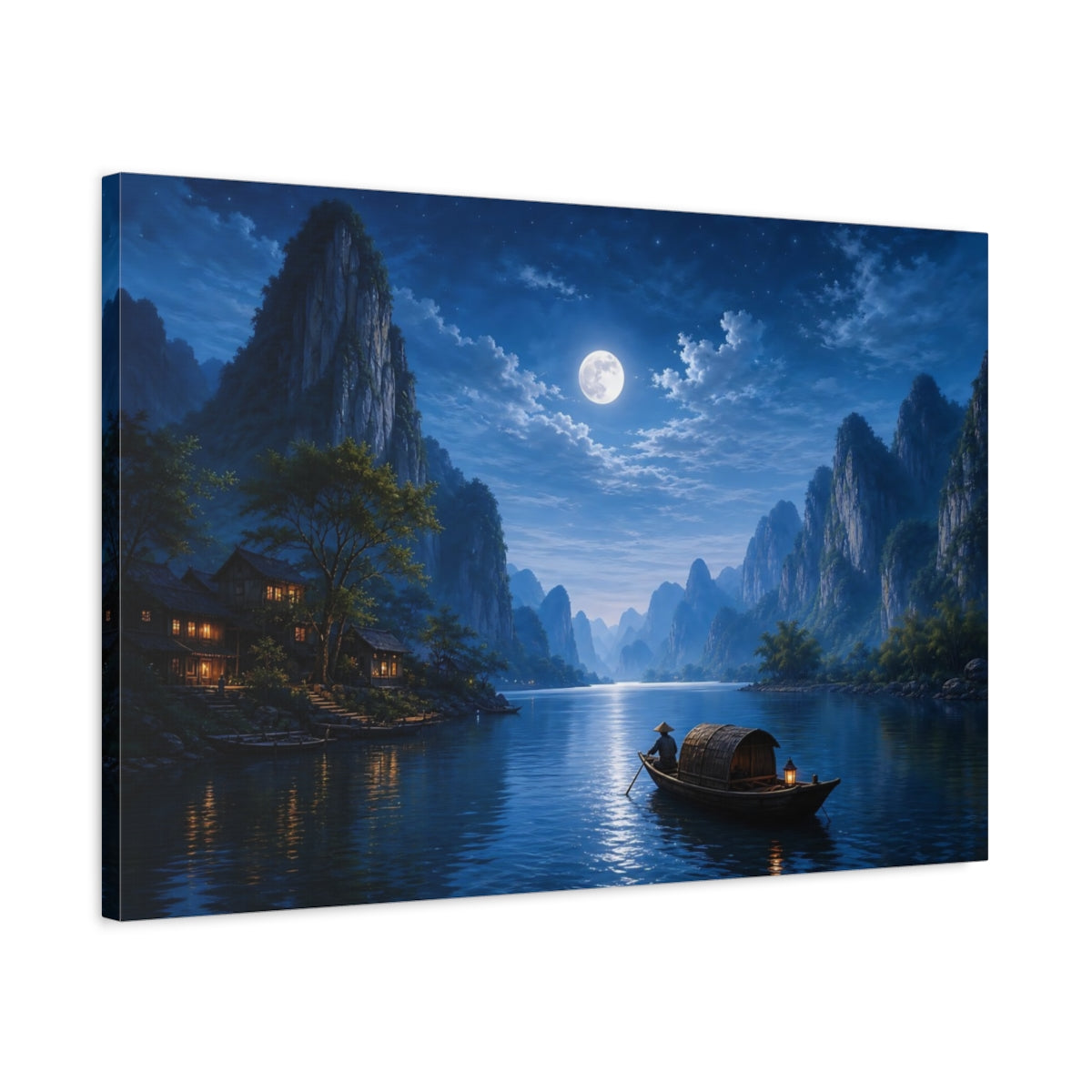 Side Mockup 2. Nature Moonlit Landscape Blue Night Landscape shown as stretched canvas wall art