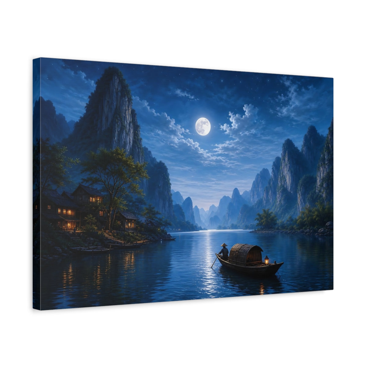 Side Mockup 3. Nature Moonlit Landscape Blue Night Landscape shown as stretched canvas wall art
