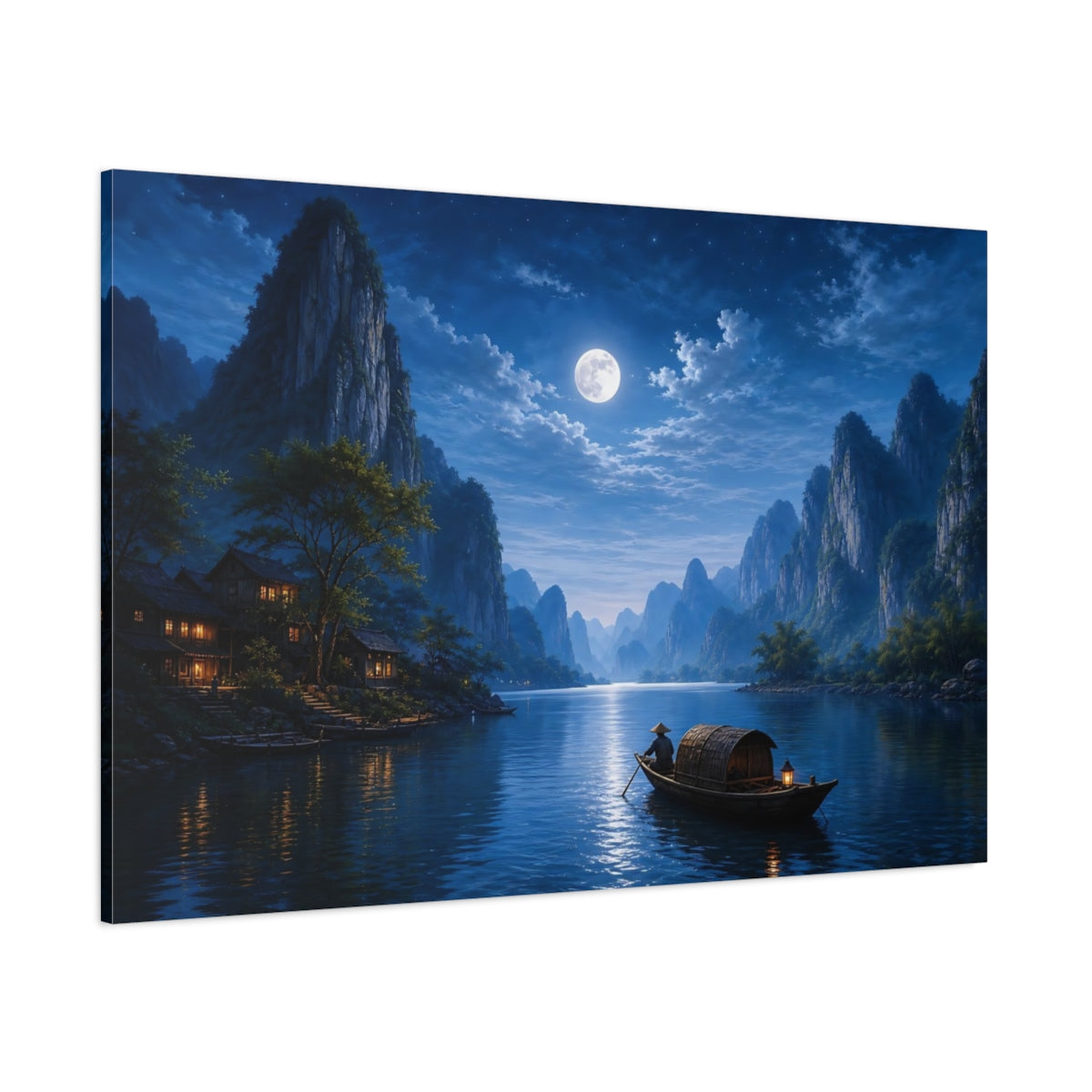 Side Mockup 1. Nature Moonlit Landscape Blue Night Landscape shown as stretched canvas wall art