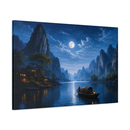 Main Mockup. Nature Moonlit Landscape Blue Night Landscape shown as stretched canvas wall art