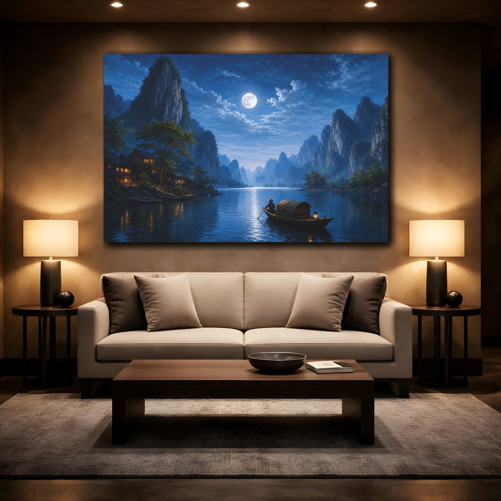 Mockup 2. Nature Moonlit Landscape Blue Night Landscape shown as stretched canvas wall art