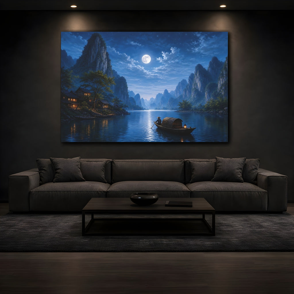 Mockup 3. Nature Moonlit Landscape Blue Night Landscape shown as stretched canvas wall art