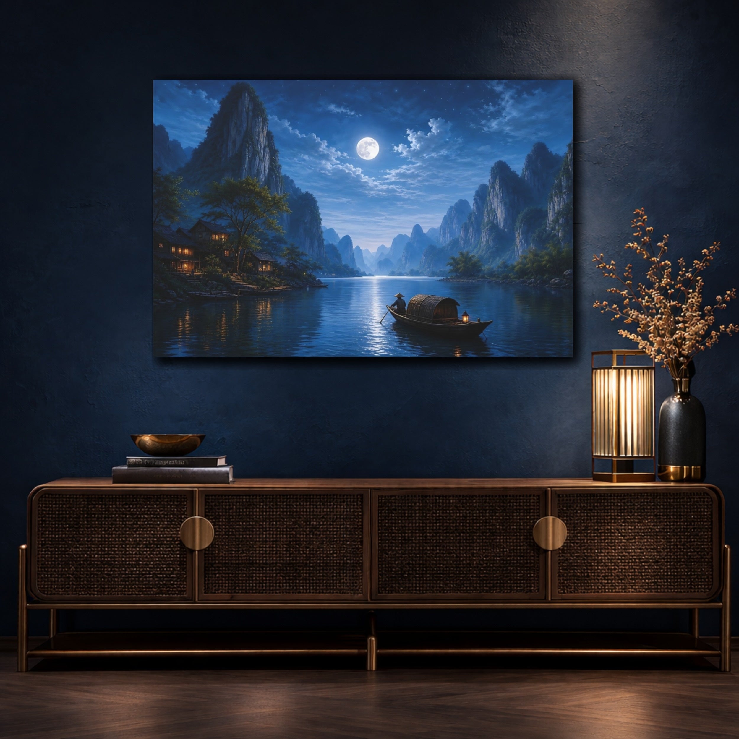 Mockup 4. Nature Moonlit Landscape Blue Night Landscape shown as stretched canvas wall art