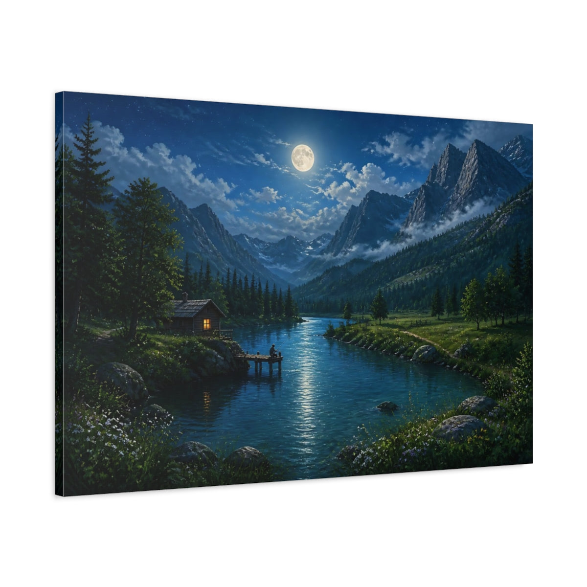 Main Mockup. Nature Moonlit Landscape Moonlit Mountain Lake shown as stretched canvas wall art