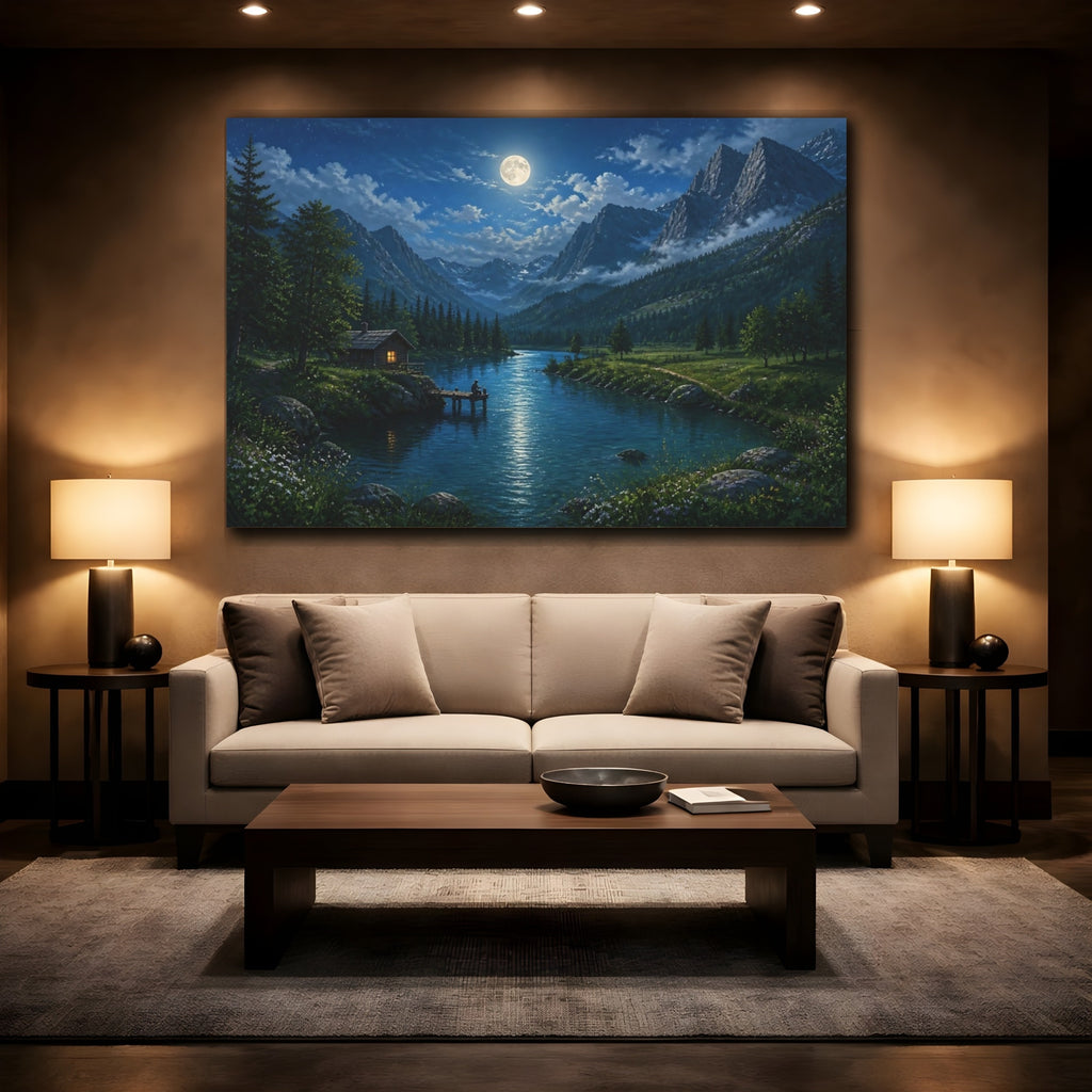 Mockup 2. Nature Moonlit Landscape Moonlit Mountain Lake shown as stretched canvas wall art