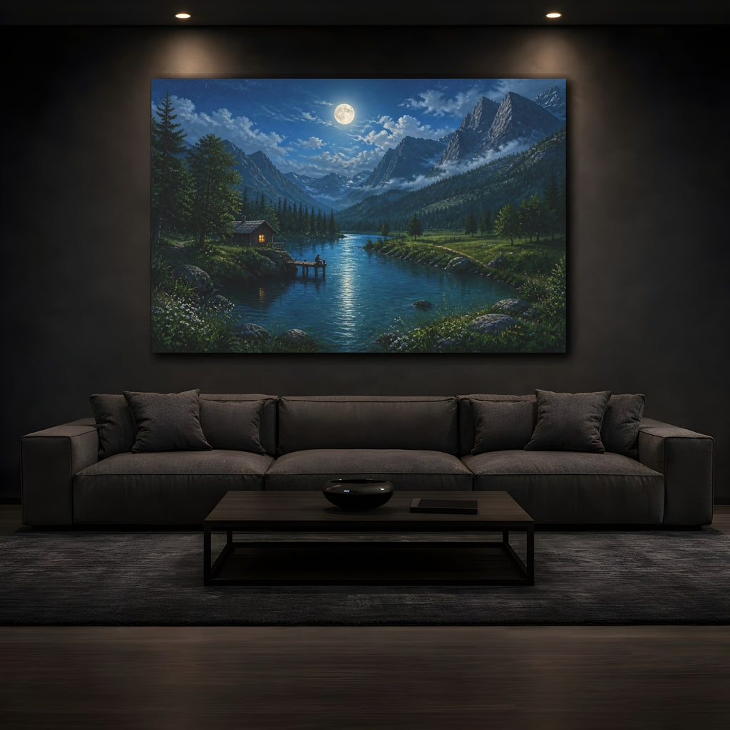 Mockup 3. Nature Moonlit Landscape Moonlit Mountain Lake shown as stretched canvas wall art